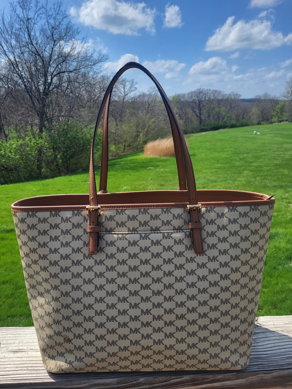 Michael Kors Signature Logo Large Tote Bag - Beige/Brown - Picture 2 of 10